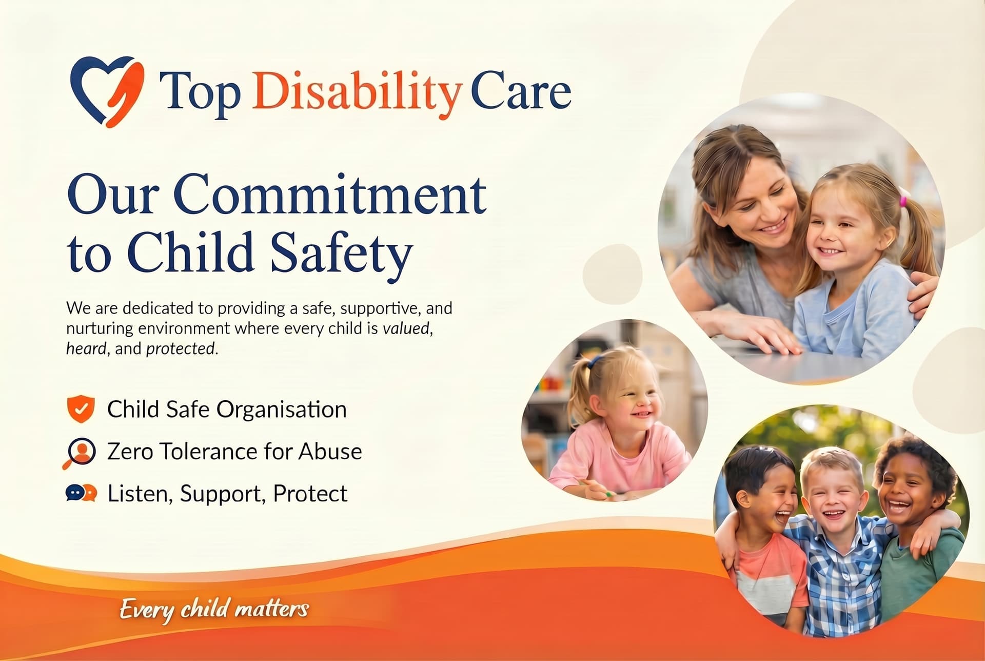 Top Disability Care Australia's commitment to child safety — children smiling in a safe and nurturing environment